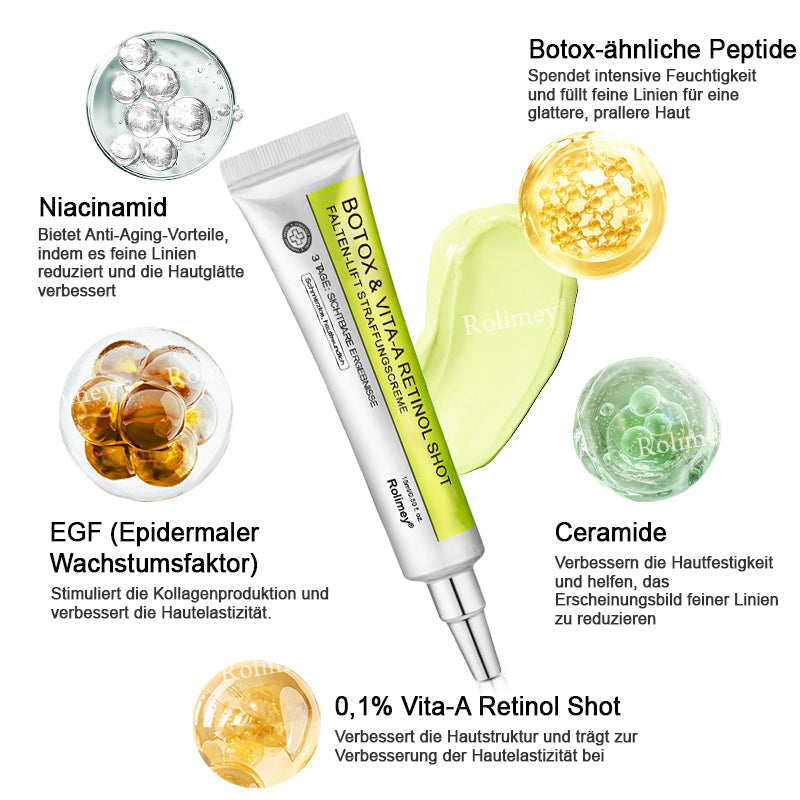 [Nur noch 30 MINUTEN] Jetzt jugendliche Haut zurückgewinnen Rolimey® Botox & Vita-A Retinol Shot Falten-Lift Straffungscreme