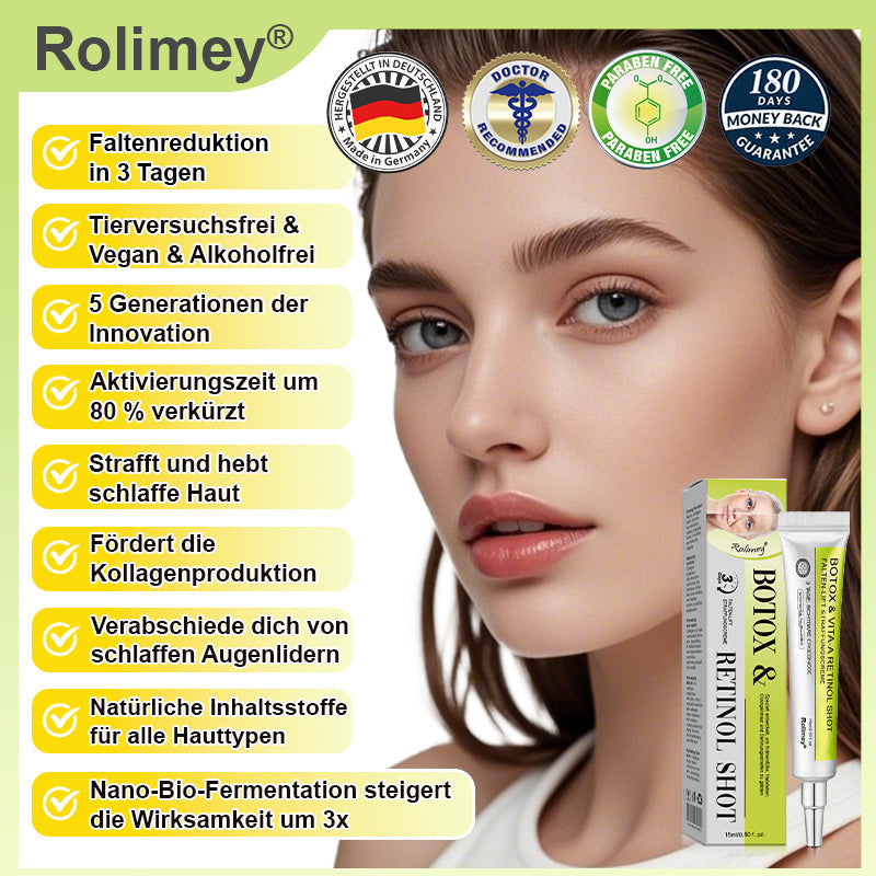 [Nur noch 30 MINUTEN] Jetzt jugendliche Haut zurückgewinnen Rolimey® Botox & Vita-A Retinol Shot Falten-Lift Straffungscreme